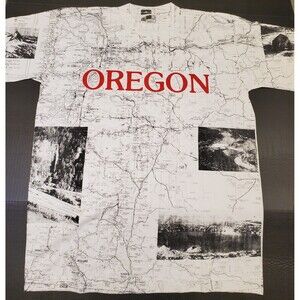 Oregon Road Map Graphic White  T Shirt Single Stitch Size L